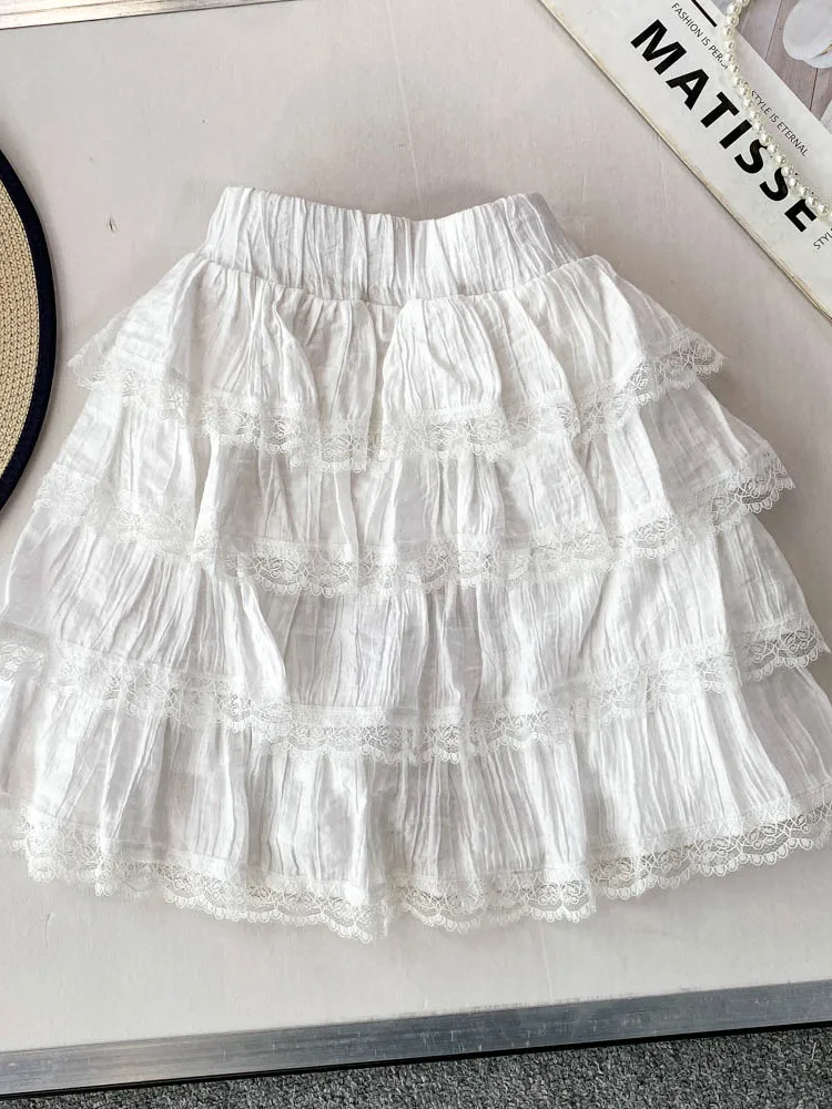 

White Lace Hem ort Cake Skirt Women's High Waist Anti-Light Semi-Body Skirt Korean Sle Commute Baking Skirt