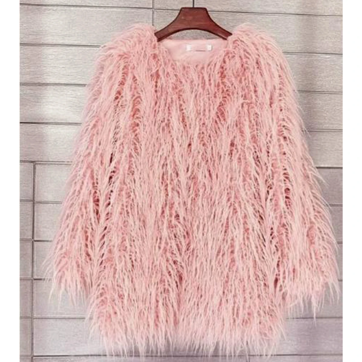 Women Burgundy Shaggy Faux Fur Coat Round Neck Long Fluffy Mongolian Fur Jacket American Style Winter Warm Loose Outerwear