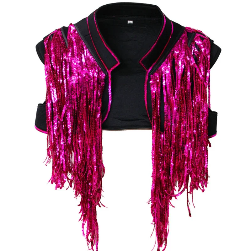 Ds Costume Jazz Dance Female Singer Coat Fashion Sequins Shawl Sequined Tassel Top DJ Performance Dance Stage Costume Top Short