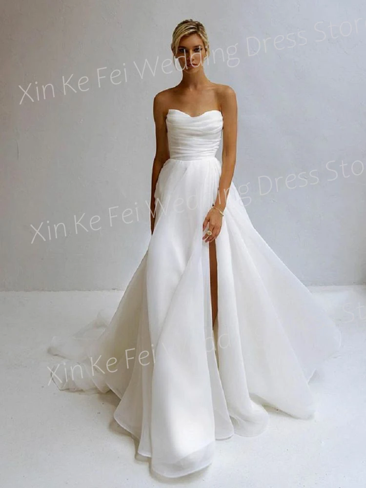 Robe de Mariée Simple à Plis, Sans Bretelles, Dos aux, avec Traîne en Brosse, Ligne A, en Organza Soyeux, Fente Latérale Haute, Nouvelle Collection 2024