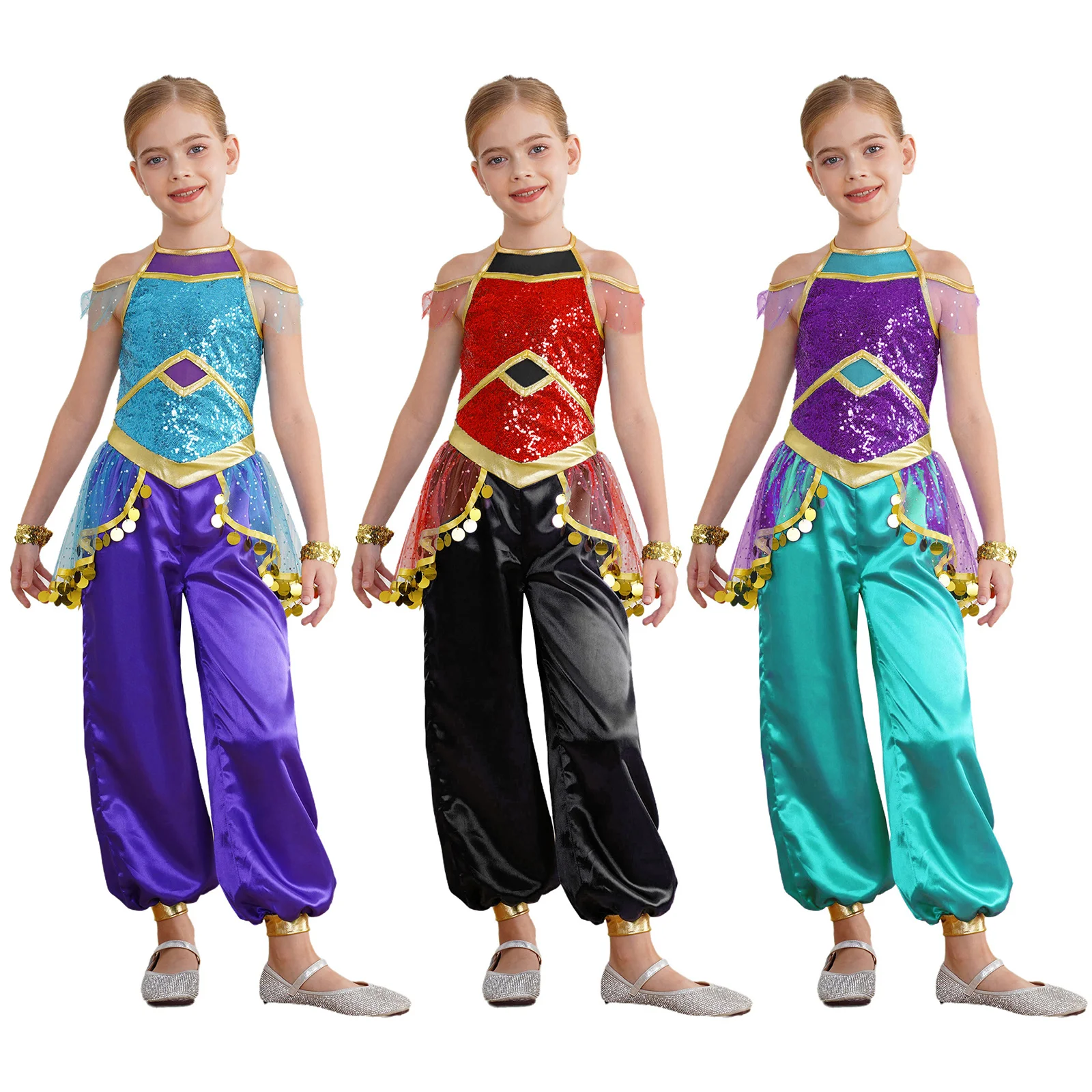 Girls Jasmin Dress Arabian Princess Costume Kid Halloween Cosplay Party Christmas Fancy Dress Bodysuit Halloween Cosplay Clothes