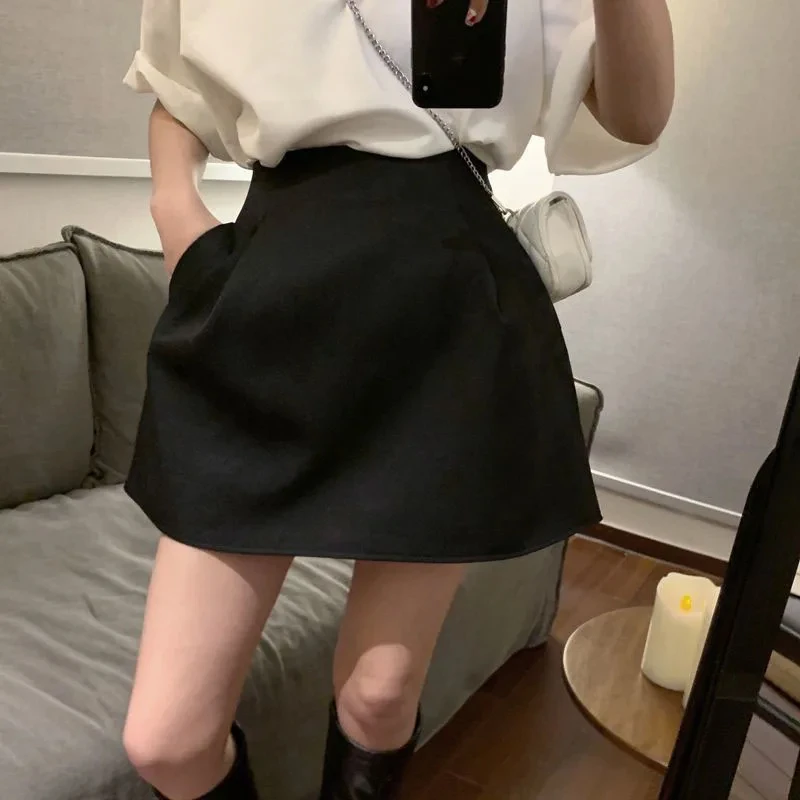 Korean Black High Wiast Puffy Short Skirts Women All Match Y2K Pockets A-Line Skirt Female Korean Office Ladies Suit Skirt New