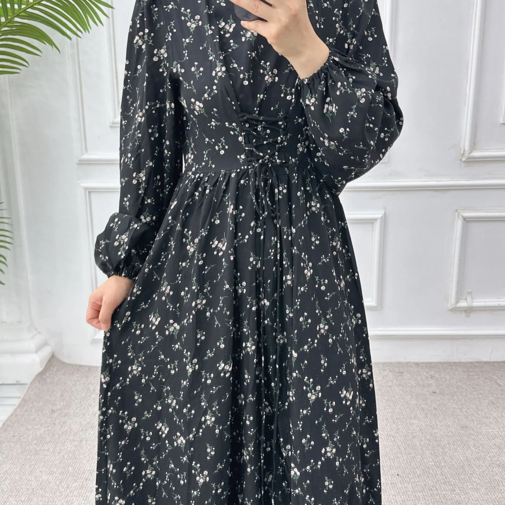 Robe imprimée à fleurs florales, taille cheville, Robe musulmane longue, ample, Maxi, Abaya
