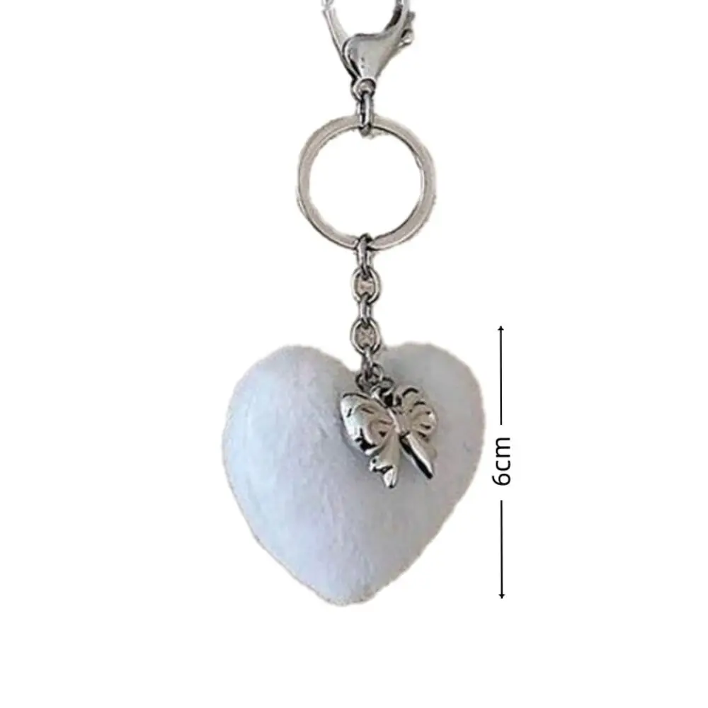 Silver Bowknot Keychain Y2K Style Puffy Plush Heart Backpack Pendant Black White Delicate Hairy Heart Charm Bag Decoration