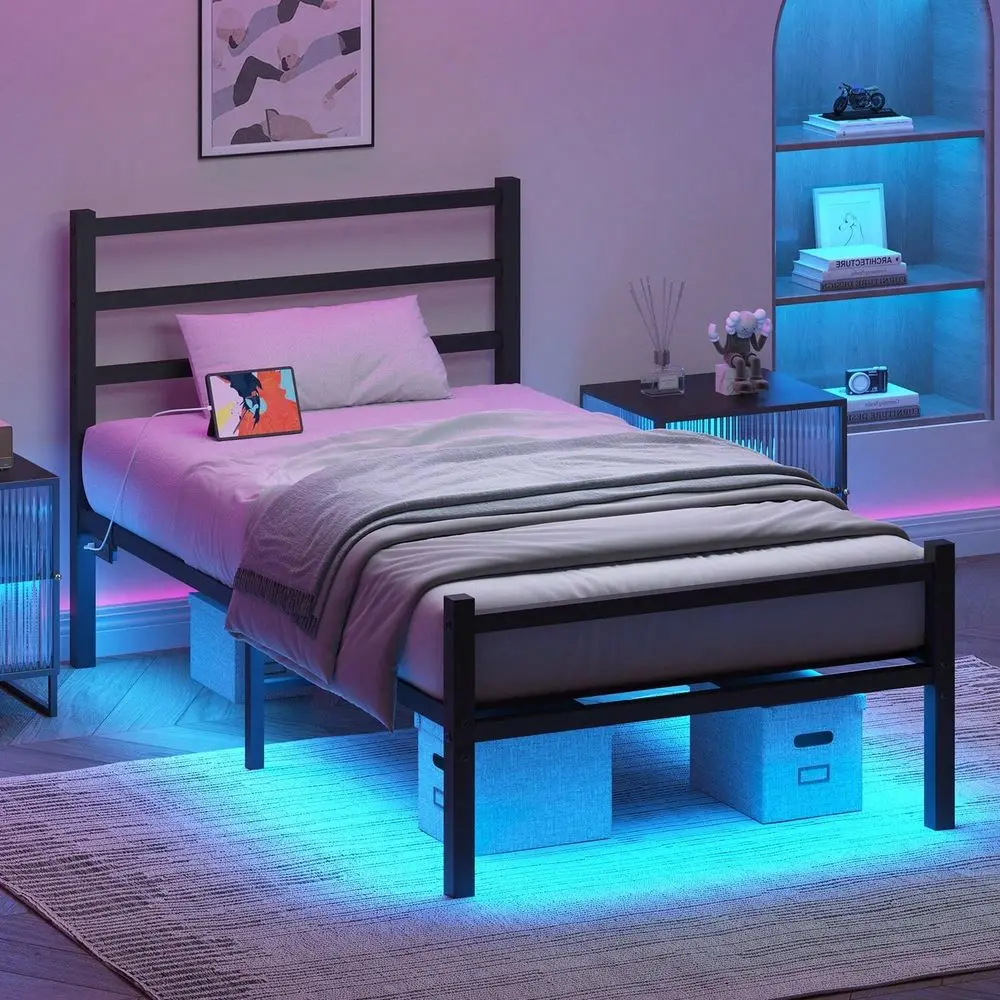 

Bed Frame With Charging Station And LED Lights, Metal Platform Bed Frame With Headboard And Footboard, Heavy Duty Steel Slats,