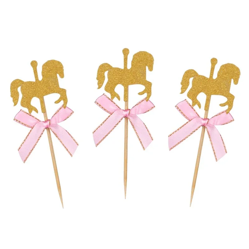 

5Pcs Gold Glitter Carousel Horse Cupcake Toppers Cake Decorations with Bowknot for Baby Shower 1st Birthday Party Favors