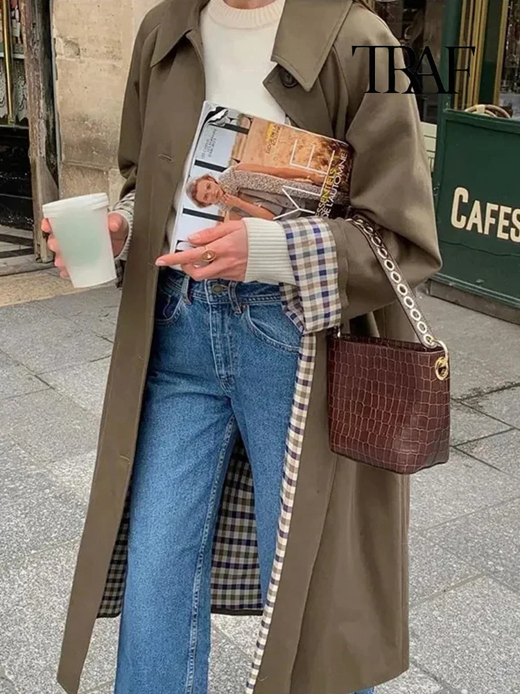 معطف نسائي طويل خريفي وشتوي بأكمام طويلة بأكمام طويلة ذات صدر واحد بأكمام طويلة معطف فضفاض بلون واحد بسيط من الشارع