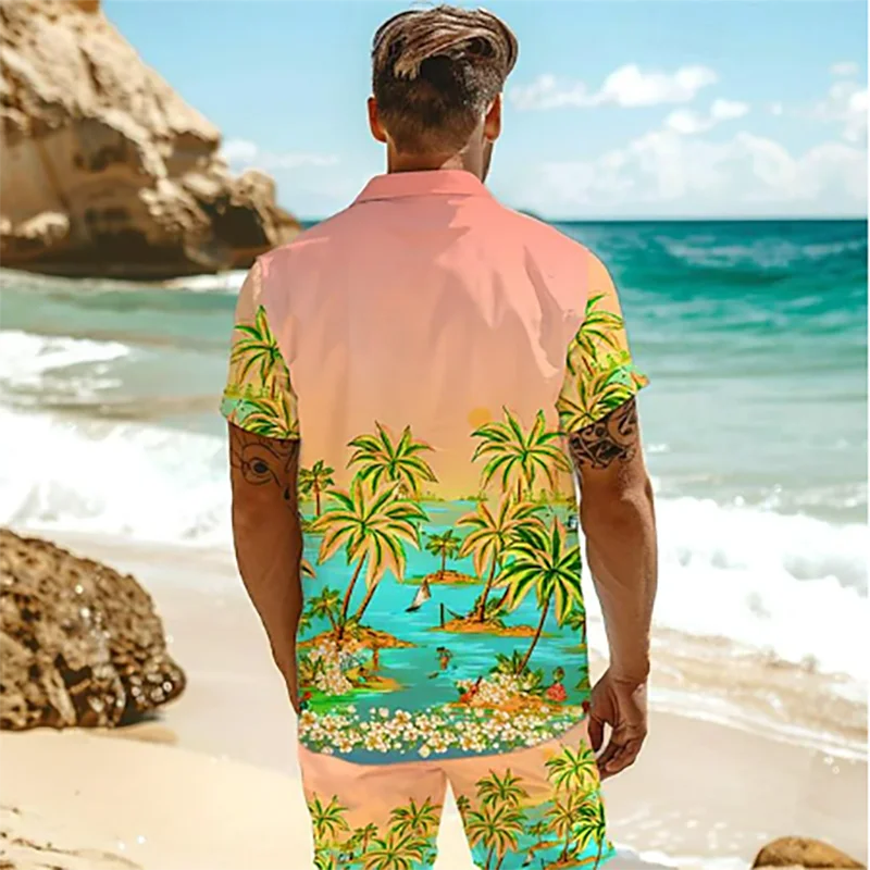 Palm Tree Tropical Men\'s Degree 3D Printed Hawaiian Shirt and Shorts Set