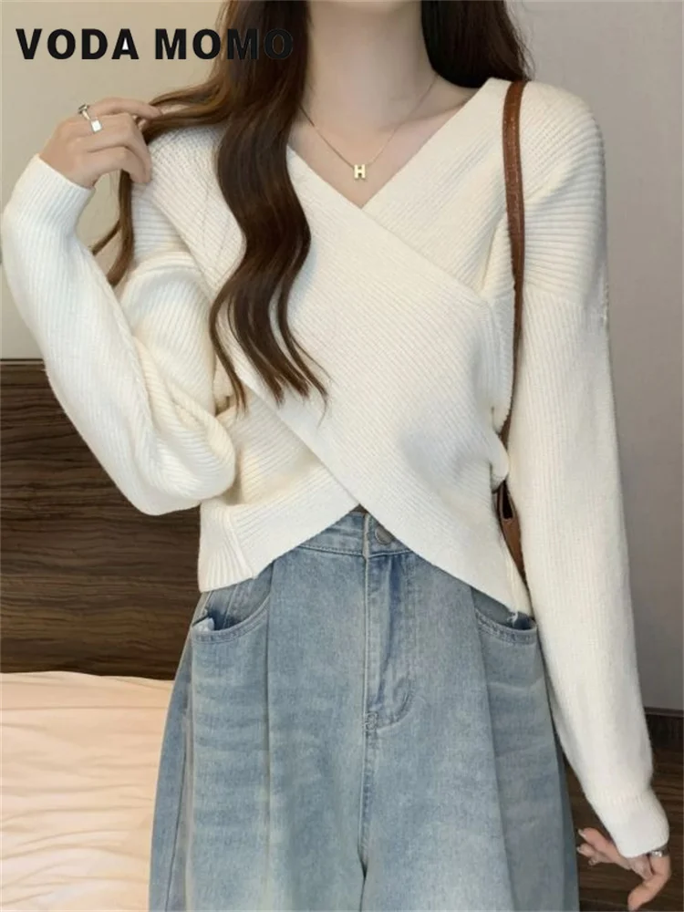 Pulls courts décontractés vintage pour femmes, pulls côtelés, monochromatique, conception coréenne, fouet, vêtements de base, mode automne et hiver