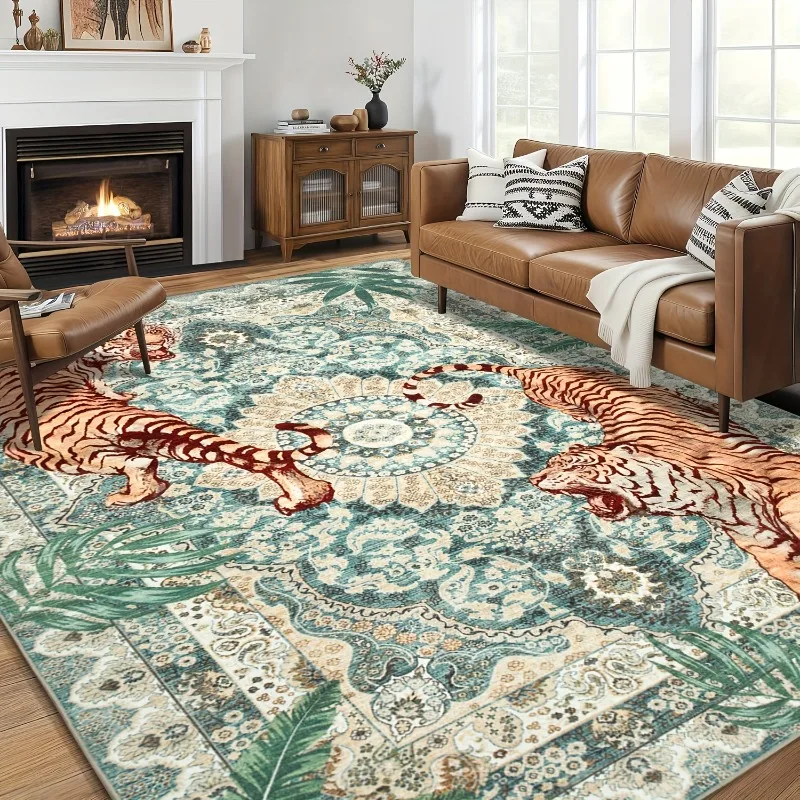 Exotic Tiger Palm Leaves Flannel Area Rugs Persian Vintage Floral Teal Red Blush for Chic Boho Jungle Living Room Decor Carpet