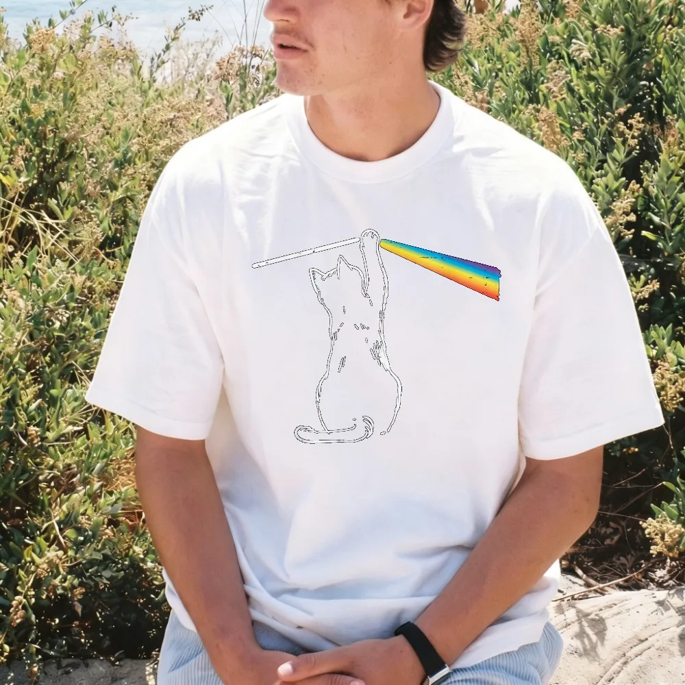 T-shirt à manches courtes en coton pour homme et femme, avec image de chat et de prisme lumineux arc-en-ciel, imprimé graphique scientifique spectral, décontracté, à la mode, été
