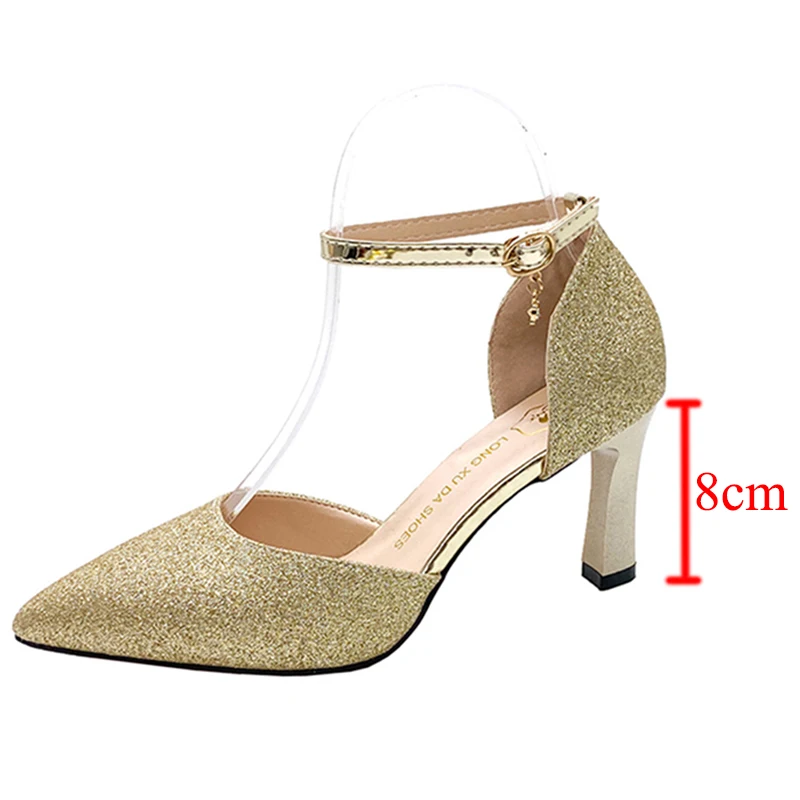 Bling Gold Silver Women\'s Pumps Sexy Point Toe Thin Heel Party Wedding Shoes Bridal Woman Summer Ankle Strap High Heels Shoes PU