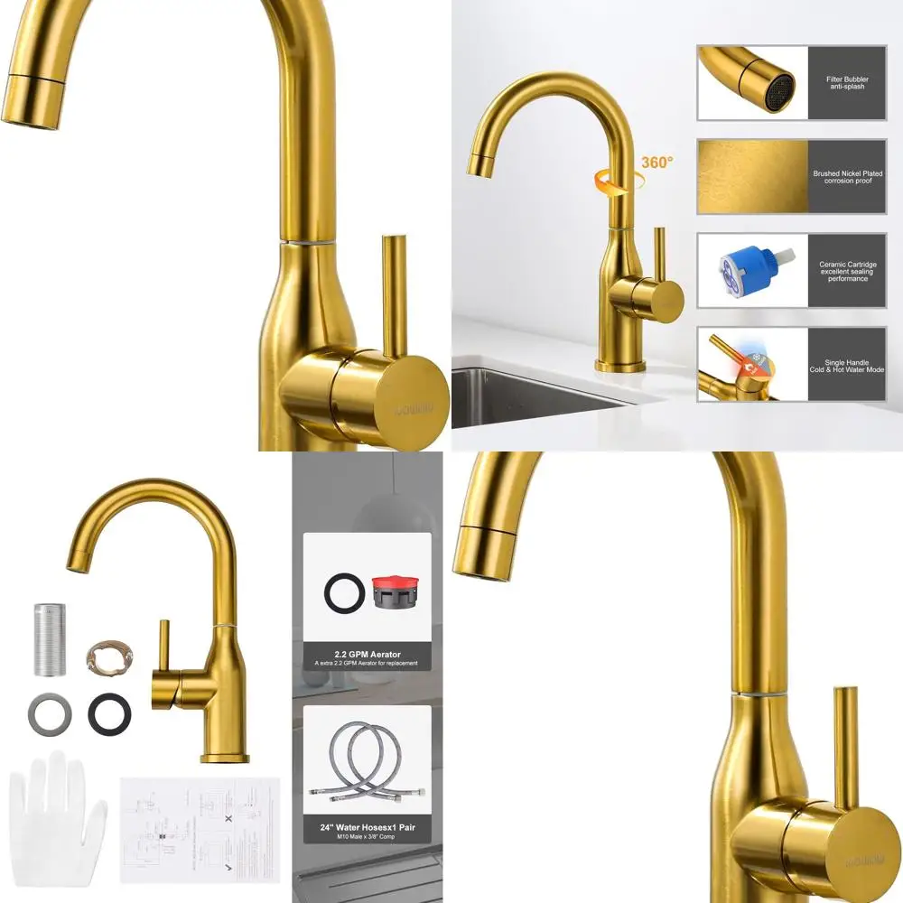 

Single Hole Brushed Gold Faucet with 1 Handle for Small Kitchen and Wet Bar Sinks