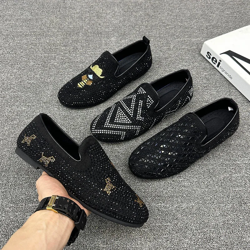 Handsome Street Style Rhinestone Designer Men\'s Shoes Leather Casual Loafers Fashion Breathable Men Flats Soft Moccasins Black