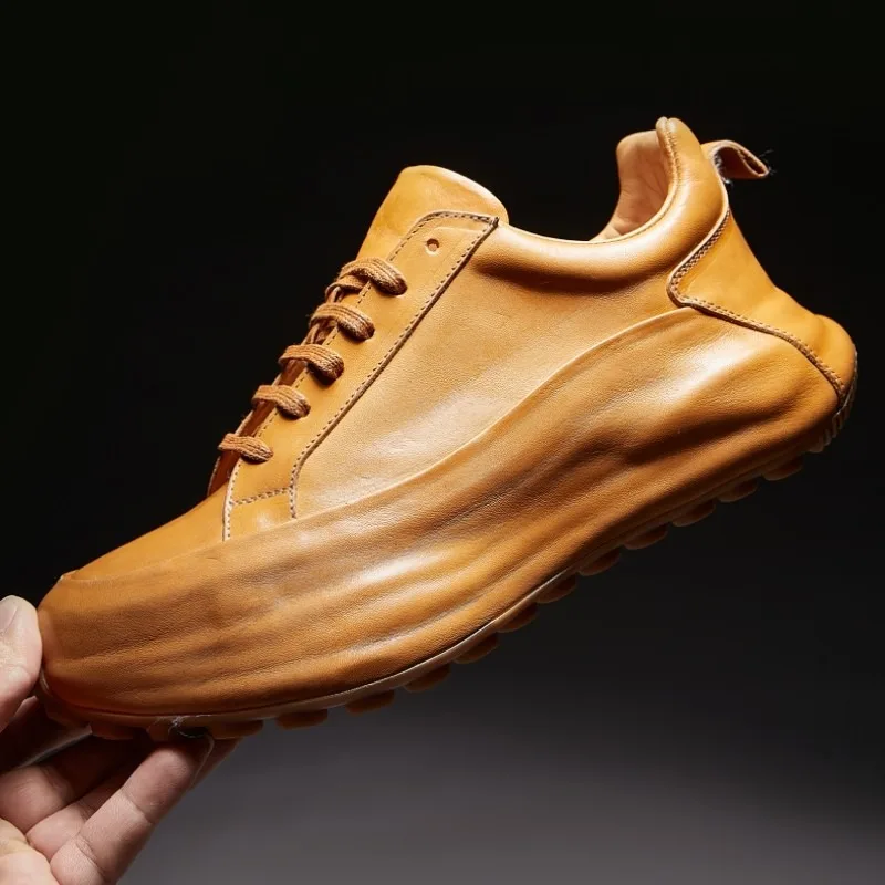 Retro Style Horse Leather Daddy Shoes for Men's Spring/Autumn Height Increasing Sports Shoes High-end Thick Sole Casual Sneakers
