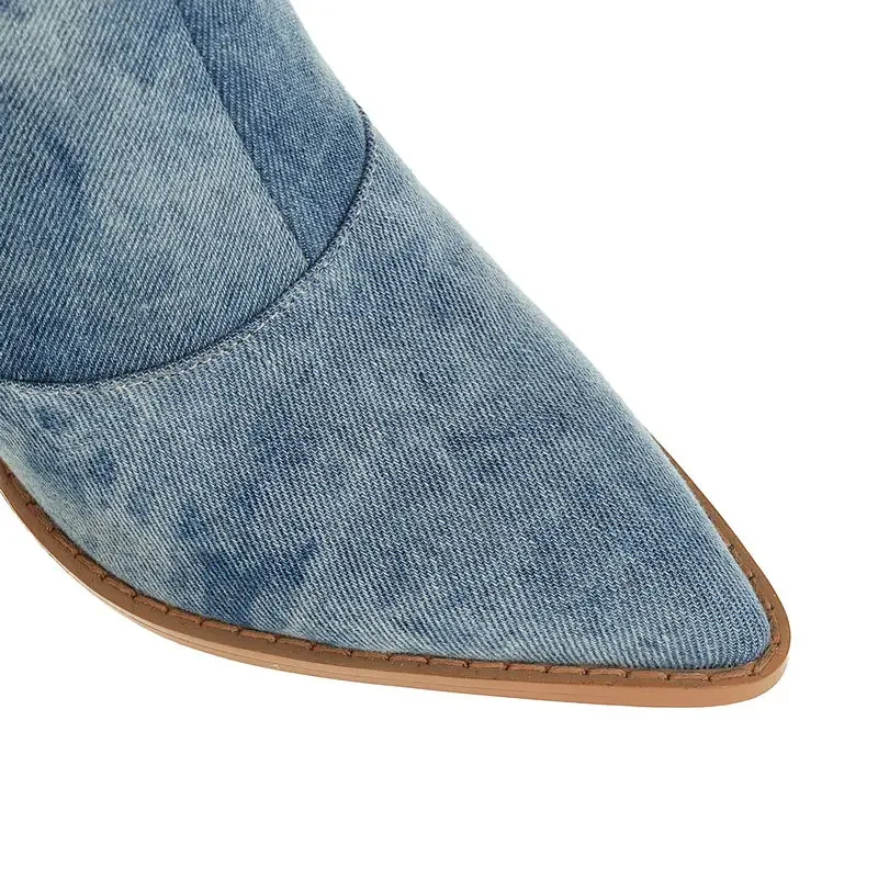 Moda Denim Western donna stivali alti alla coscia al ginocchio tacchi alti autunno inverno stivali lunghi da Cowboy Slip on scarpe da donna taglia