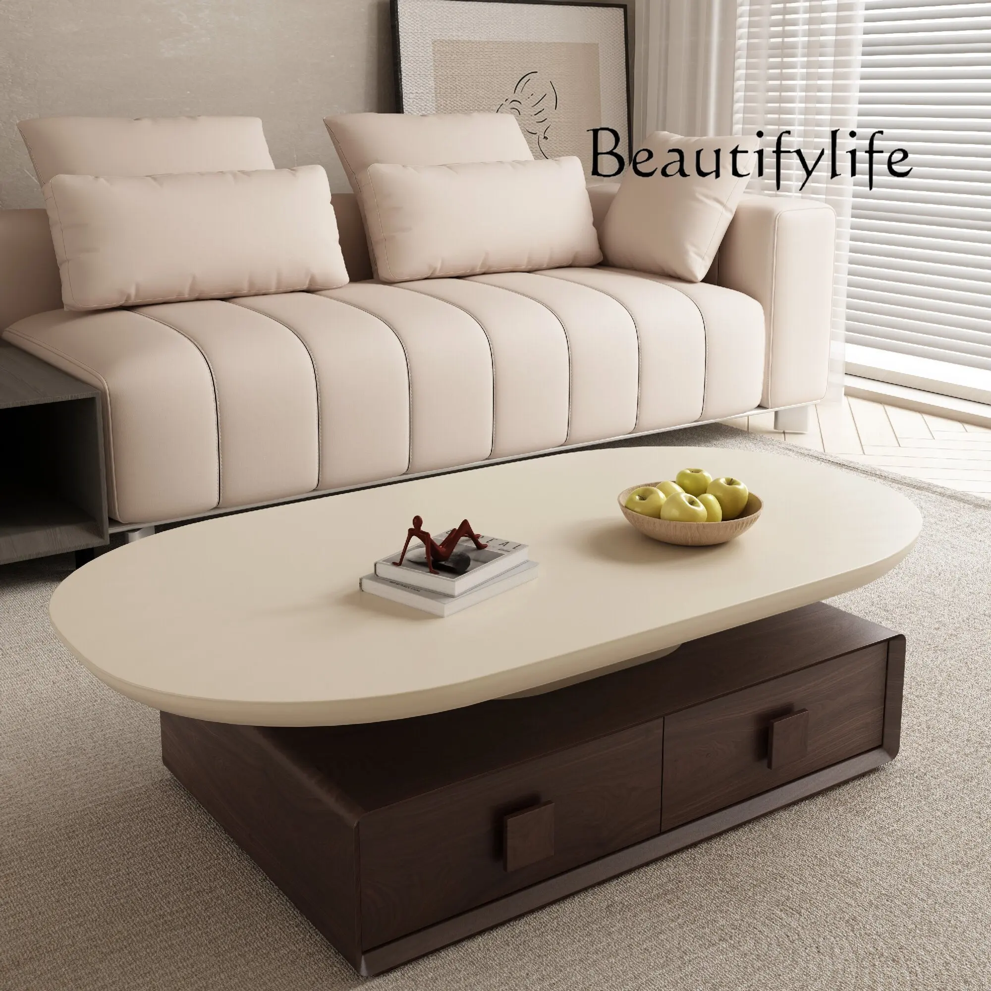 

Cream Style Coffee Table Home with Drawer the Pattern of Walnut High-Grade Sense Trending Creative Small Apartment