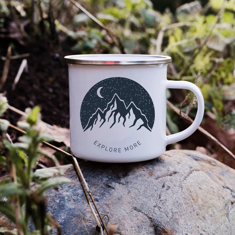 Sunset Forest Creek Creative Enamel Coffee Mugs Outdoor Travel Water Cups Camping Bonfire Party Beer Drink Milk Mug Best Gifts