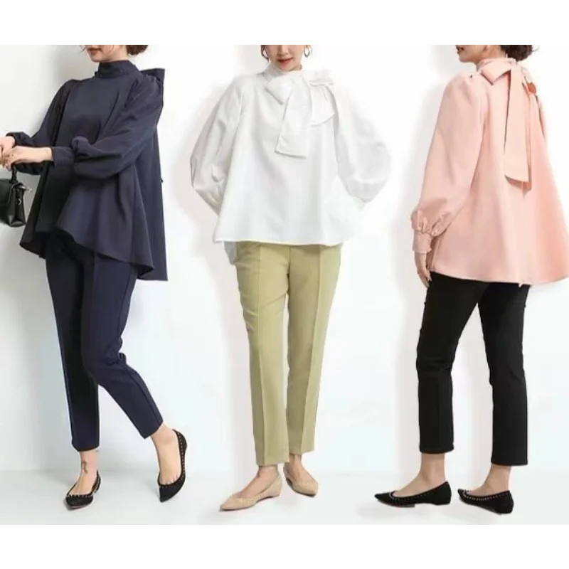 Chiffon Blouse for Women, Long Sleeve Top, Bow Stand Neck, Loose, Solid Striped, Big Size, Elegant Blouses for Women, 2024