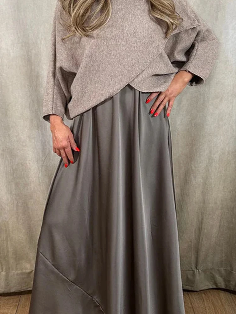 

Женская повседневная свободная юбка с длинным рукавом, модные драпированные однотонные костюмы из двух предметов, элегантная длинная юбка с v-образным вырезом и пуловер, комплект свитеров