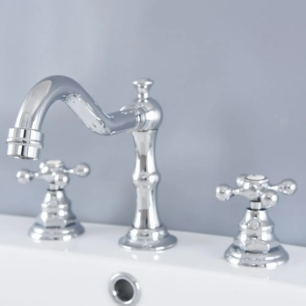 

Polished Chrome Brass Deck Mounted Dual Handles Widespread Bathroom 3 Holes Basin Faucet Mixer Water Taps mnf973