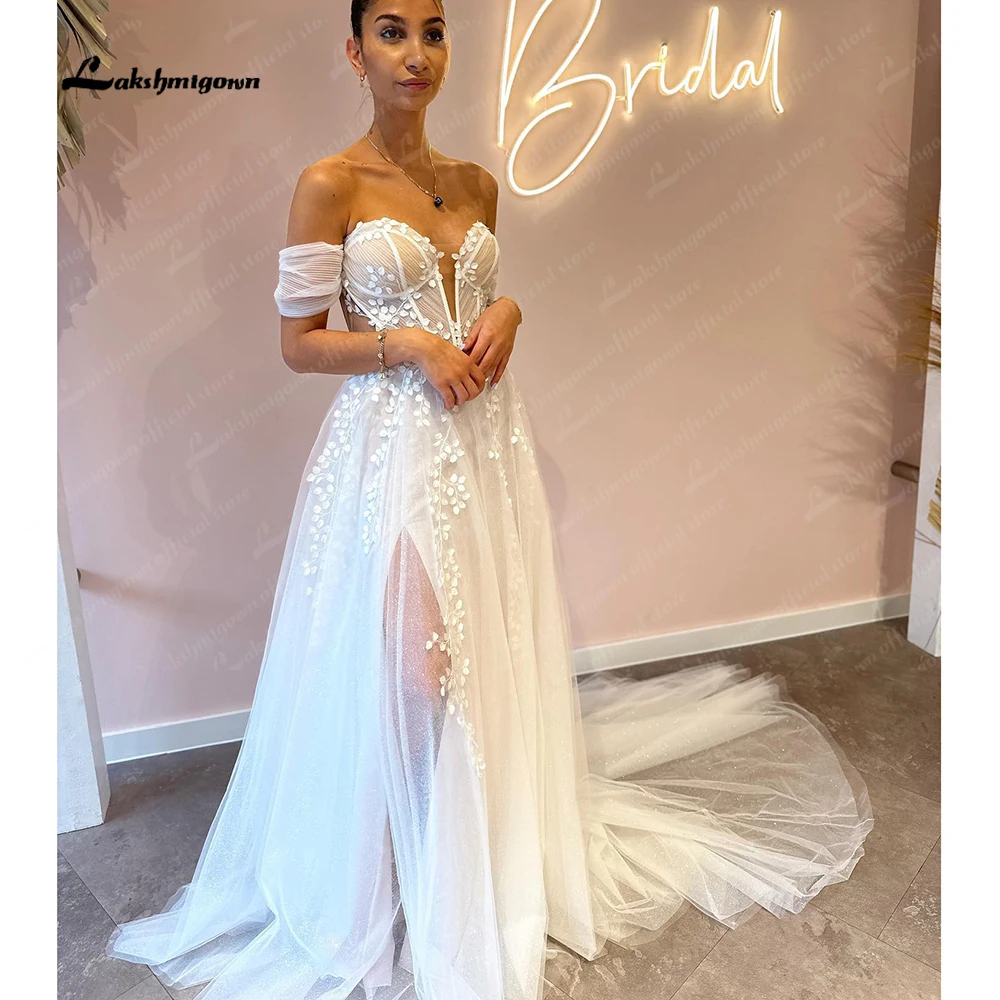 Lakshmigown abito da sposa estivo Boho con spalle scoperte in pizzo con spacco laterale 2024 manica 2023 abito da sposa bohémien Sweetheart Vestidos