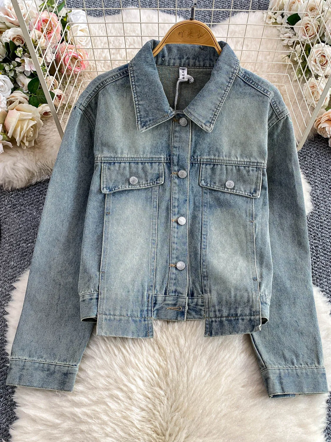 

Retro Hong Kong Sle Light Blue Denim Jaet Women's Spring Autumn Loose Slimming Button up Casual Outerwear Coat