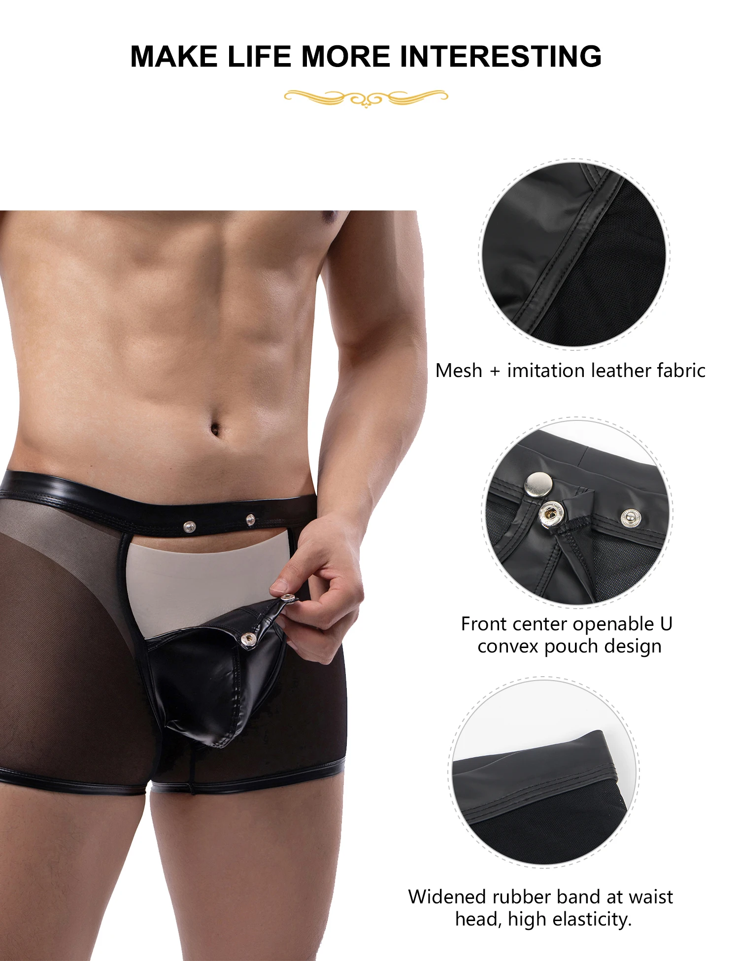 Ohyeahlady Men's Sexy Black Faux Leather Underwear Low Waist Boxer Crotch Openable Brief Breathable See Through Sheer Mesh Panty