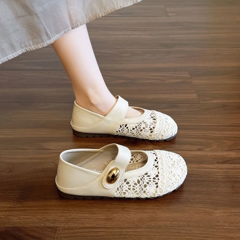 Summer Hollow Lace Mary Jane Shoes for Woman Soft Sole Non-Slip Flats Breathable Round Toe Buckle Casual Shoes Women's Sandals