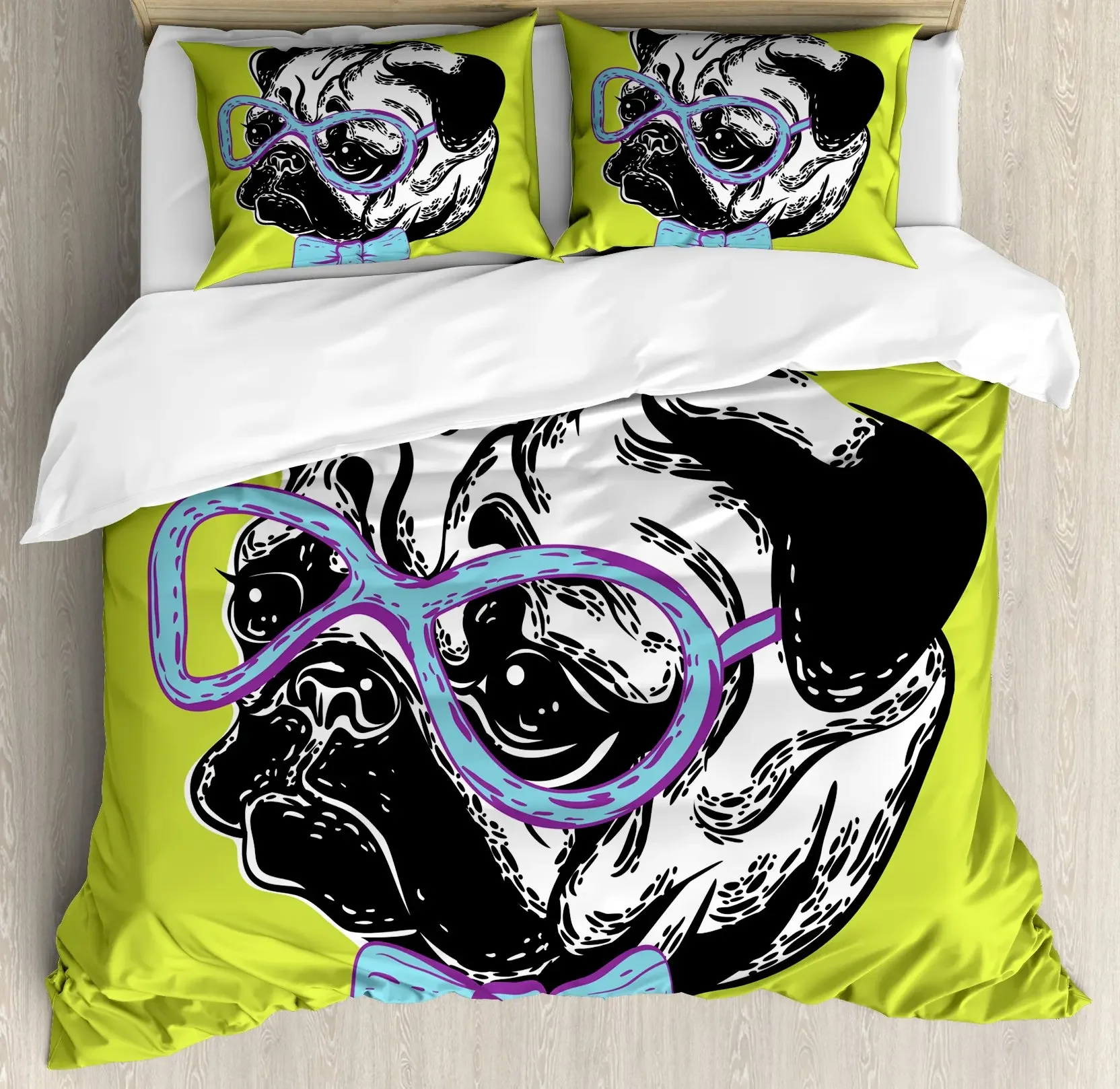 Pug Duvet Cover Dog A Bow Tie and Nerdy Glasses on Pastel Tone Shade Backdrop Room Decor Apple Green Pale Blue Theme Children