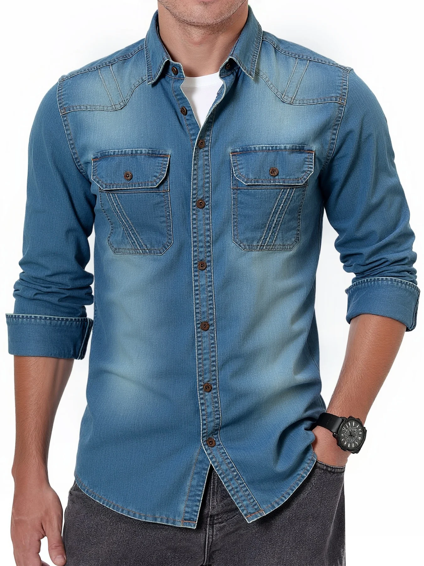 

Джинсовая рубашка нового стиля, новая модная мужская повседневная рубашка с длинными рукавами, универсальная, элитные двойные карманы, топ с принтом тай-дай и цветной ма