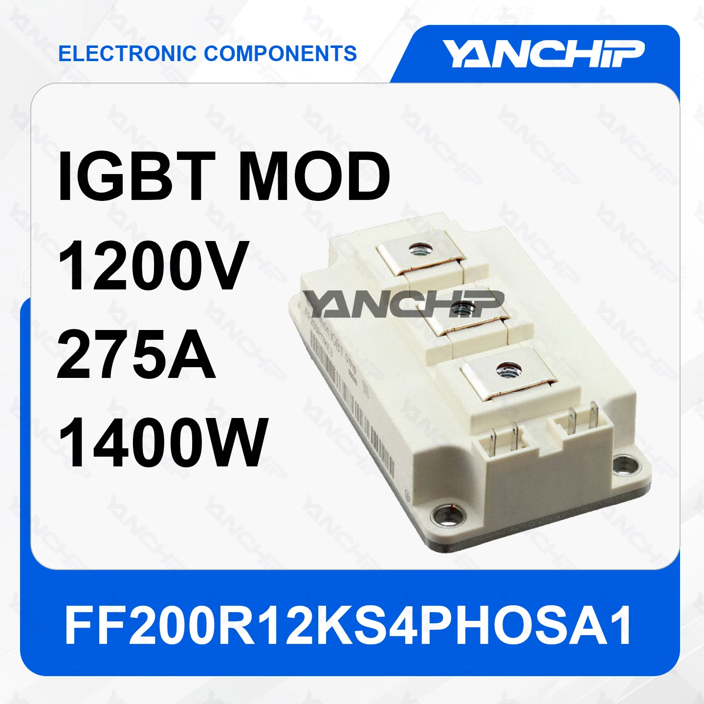 

IGBT module FF200R12KS4PHOSA1 half-bridge 1200V 275A 1400W base mounted 3.7V @ 15V，200A 5mA 13 nF @ 25 V -40°C ~ 125°C