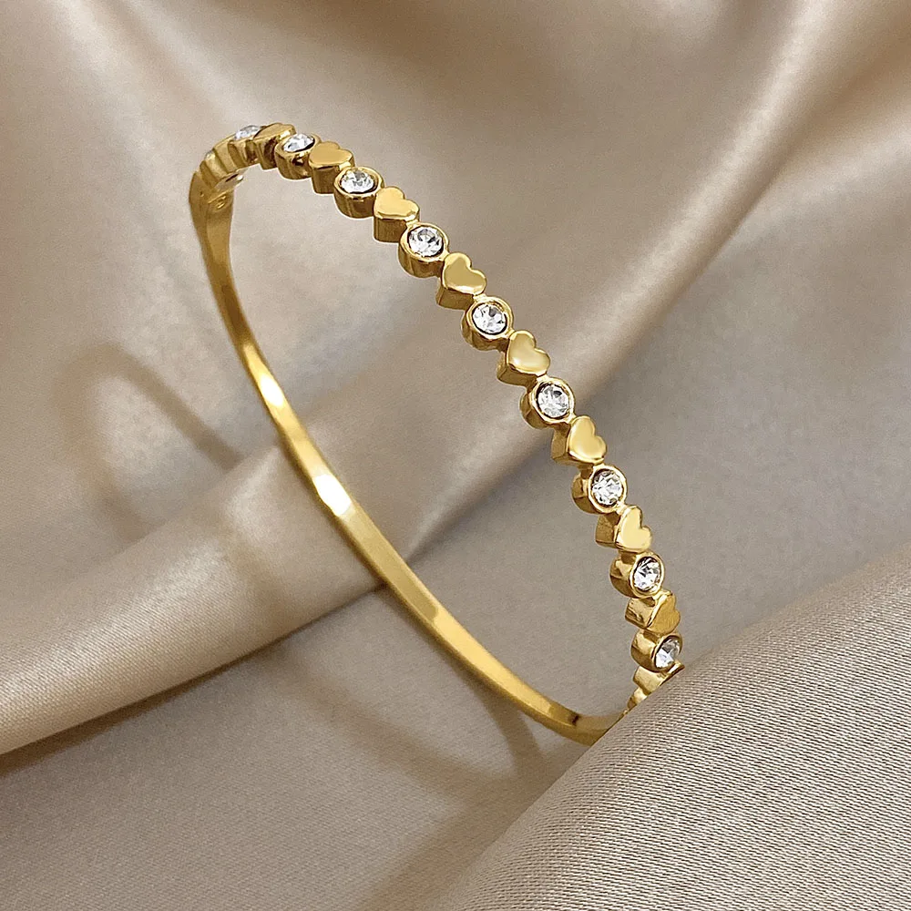 Cute Love Heart Rhinestone Beads Cuff Bracelet Fashion Glossy Gold Silver Color Stainless Steel Stacked Bangles Jewelry Gifts