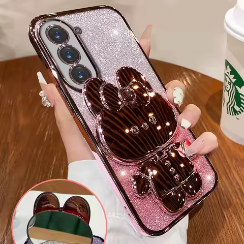 Rabbit Stand Holder Case For Samsung Galaxy S23 S24 S22 S21 S20 FE S10 Plus Note20 Ultra A53 A33 Glitter Cover Shockproof Case