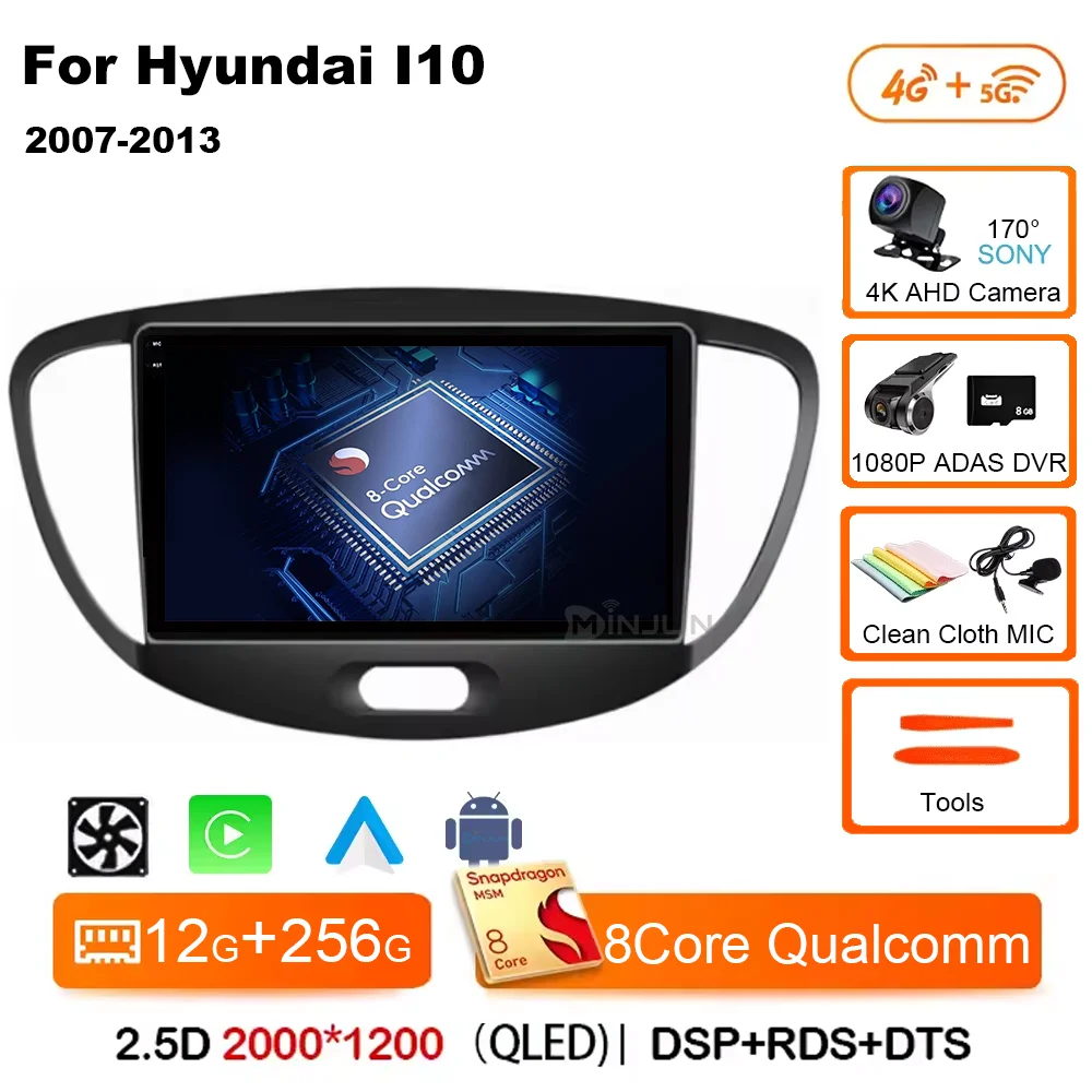 Android 15 CarPlay Auto Qualcomm Autoradio Voor Hyundai i10 2007 2008 2009 2010 2011 2012 2013 GPS Multimedia Speler stereo