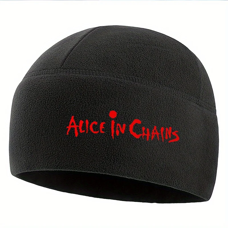 Alice Chains texto rojo fondo negro hombres mujeres Unisex Beanie Jersey Cap invierno sombrero térmico cálido Navidad ciclismo al aire libre Hola