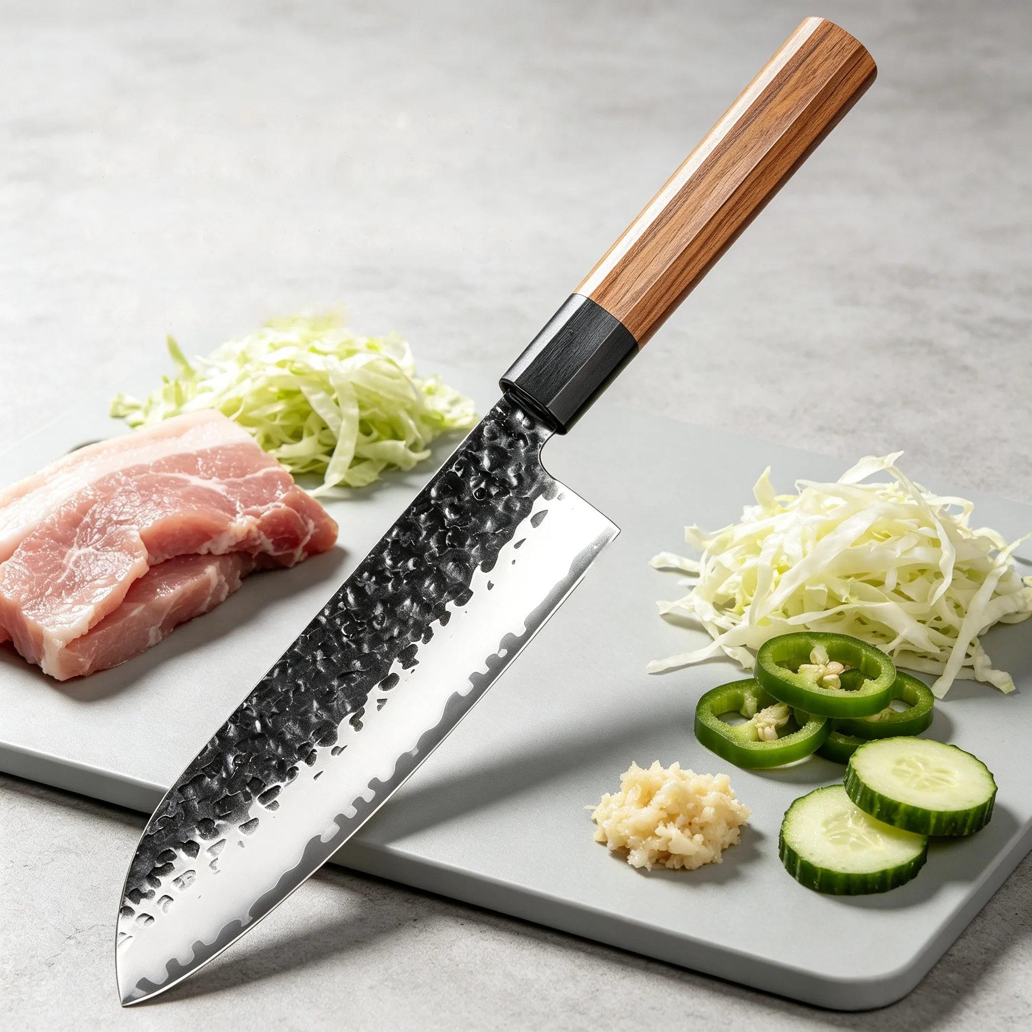 Hand Hammered Japanese Santoku Chef Knife, Rustic Kitchen Knife for Meat, Vegetable & Fruit, Household Cooking Cutting Tool