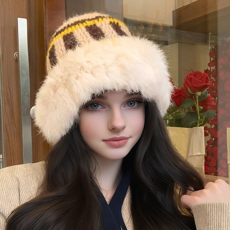 Winter Kaninchen Fell Plüsch Handgemachte Gestrickte Hut für Frauen Männer Outdoor Gehörschutz Weiche Warme Beanie Y2k Streetwear Gestrickte Hüte