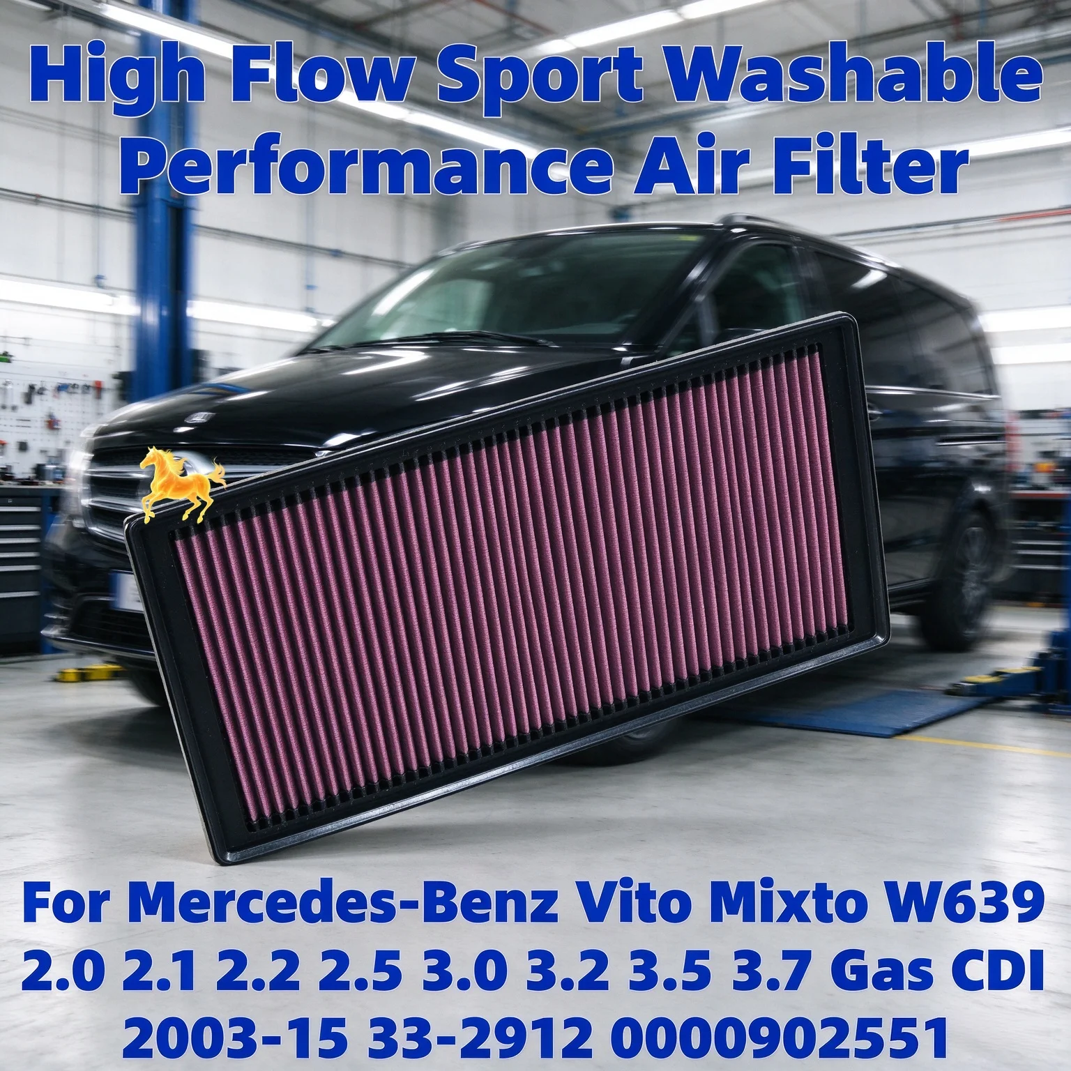 High Flow Sport Air Filter For Mercedes-Benz Vito Mixto W639 2.0 2.1 2.2 2.5 3.0 3.2 3.5 3.7 Gas CDI 2003-15 33-2912 0000902551