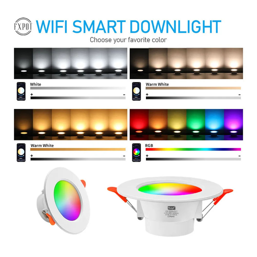 Tuya Recessed ضوء مستدير موفر للطاقة LED ملون النازل بلوتوث متوافق مع التحكم في الهاتف المحمول لـ Alexa Google Home