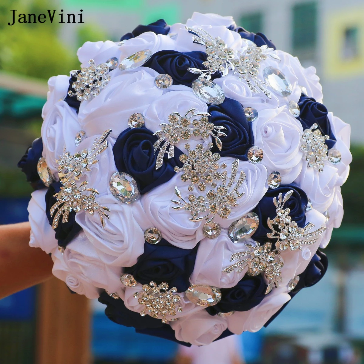 JaneVini 2023 Luxury Navy White Flowers Bridal Bouquets with Rhinestones Artificial Satin Roses Wedding Bouquet Bride Decoration