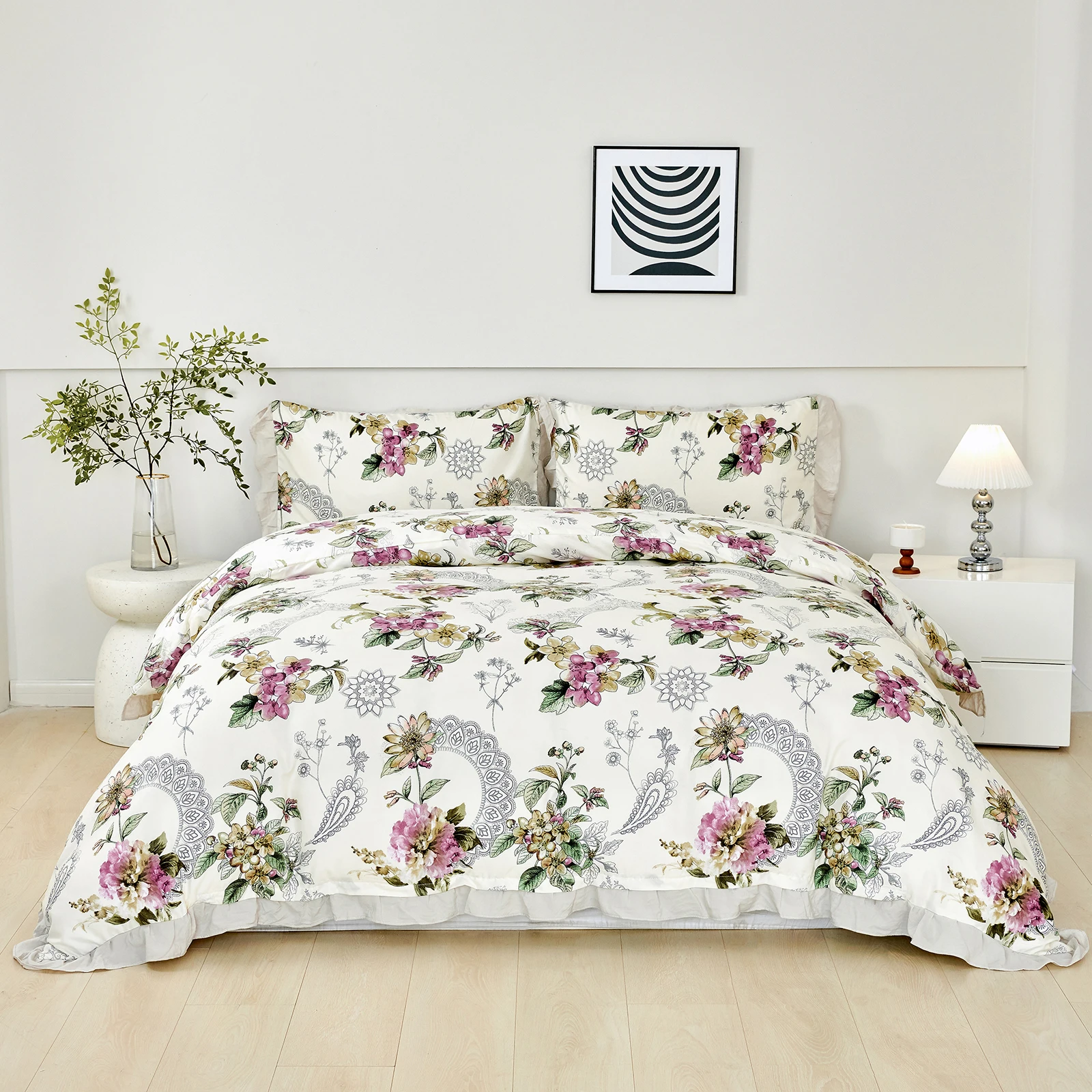 Floral Ruffled Bedding Set Frill Pink Botanical Bedding Set Vintage Rustic Duvet Cover Set Microfiber Breathable Bedding Set