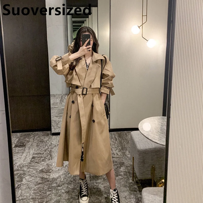 

Elegant Women's Khaki Classic Long Trench Coats Spring Fall Korean Loose Gabardina Casual Fashion Double-breasted Windbreaker