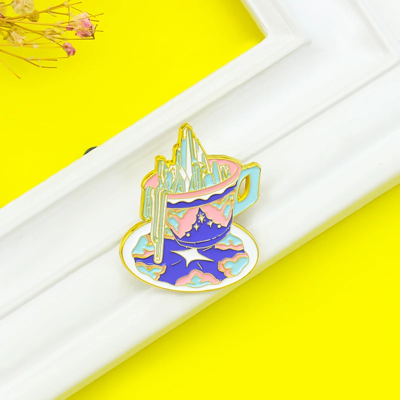 Cute Space Floating Teacup Enamel Pin Custom Peak Rivers Starry sky Cup Brooches Lapel Badge Clothes Bag Jewelry Gift For Friend