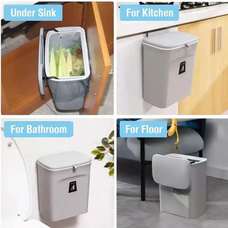 7L / 9L Wall Mounted Trash Can Bin With Lid Waste Bin Kitchen Cabinet Door Hanging Trash Bin Garbage Car Recycle Dustbin Rubbish