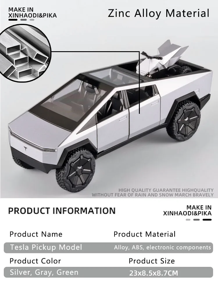 1:24 Tesla Cyberpunk Pickup Truck Model Alloy Symulacja dźwięku i światła Pojazd terenowy Chłopcy Kolekcja Dekoracja