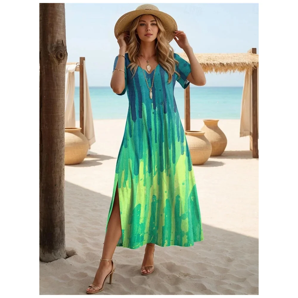 Women V-Neck Dress Gradual Tie-Dye Print Woman A-Line Skirt Casual Fashion Lady Dresses Summer Short Sleeves Female Slit Dress
