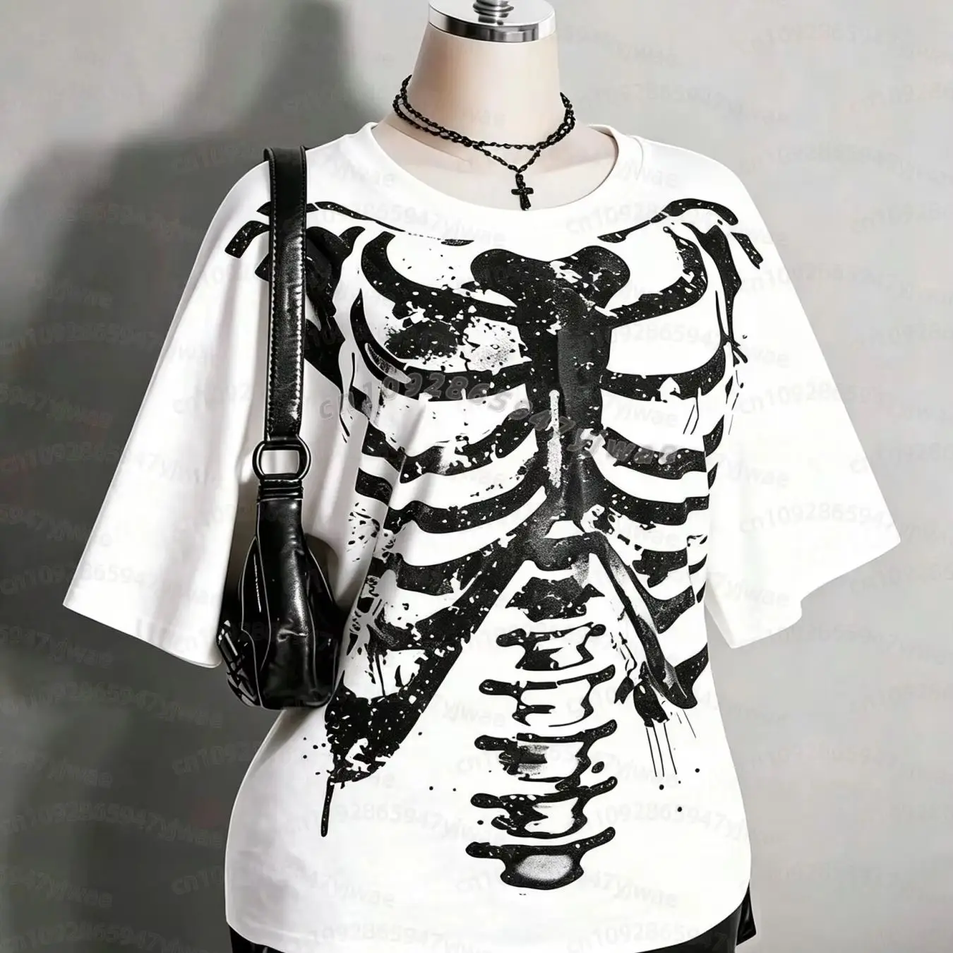 2026 Damen Halloween Skelett Brustkorbe Grafik T-Shirt Y2k Alt Goth Punk Distressed Totenkopf Knochen Print Kurzarm Damen T-Shirt