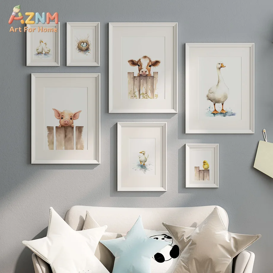 AZNM Watercolor Cute Farm Animal Canvas Poster Frameless Wall Art Pig Cow Duck Chick Nest Soft Neutral Print For Baby Nursery Ki