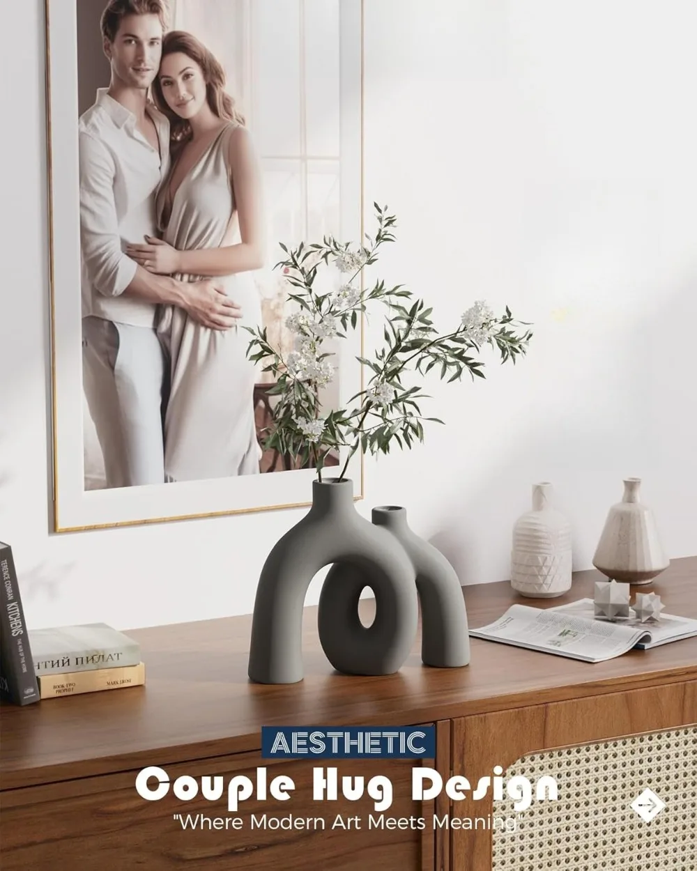 

Navy Blue Vase, Modern Coastal Style Vases Home Decor, Matte Ceramic Decorations for(Gray)